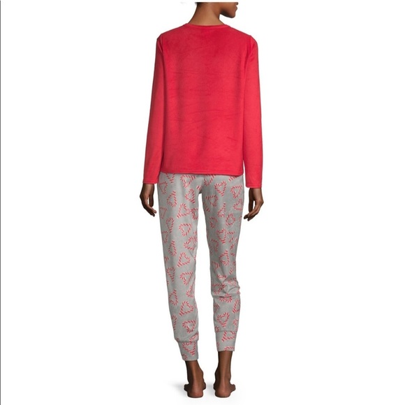 New Womens Fleece 2 Pc Pajama Set Red Candycanes - Picture 3 of 13